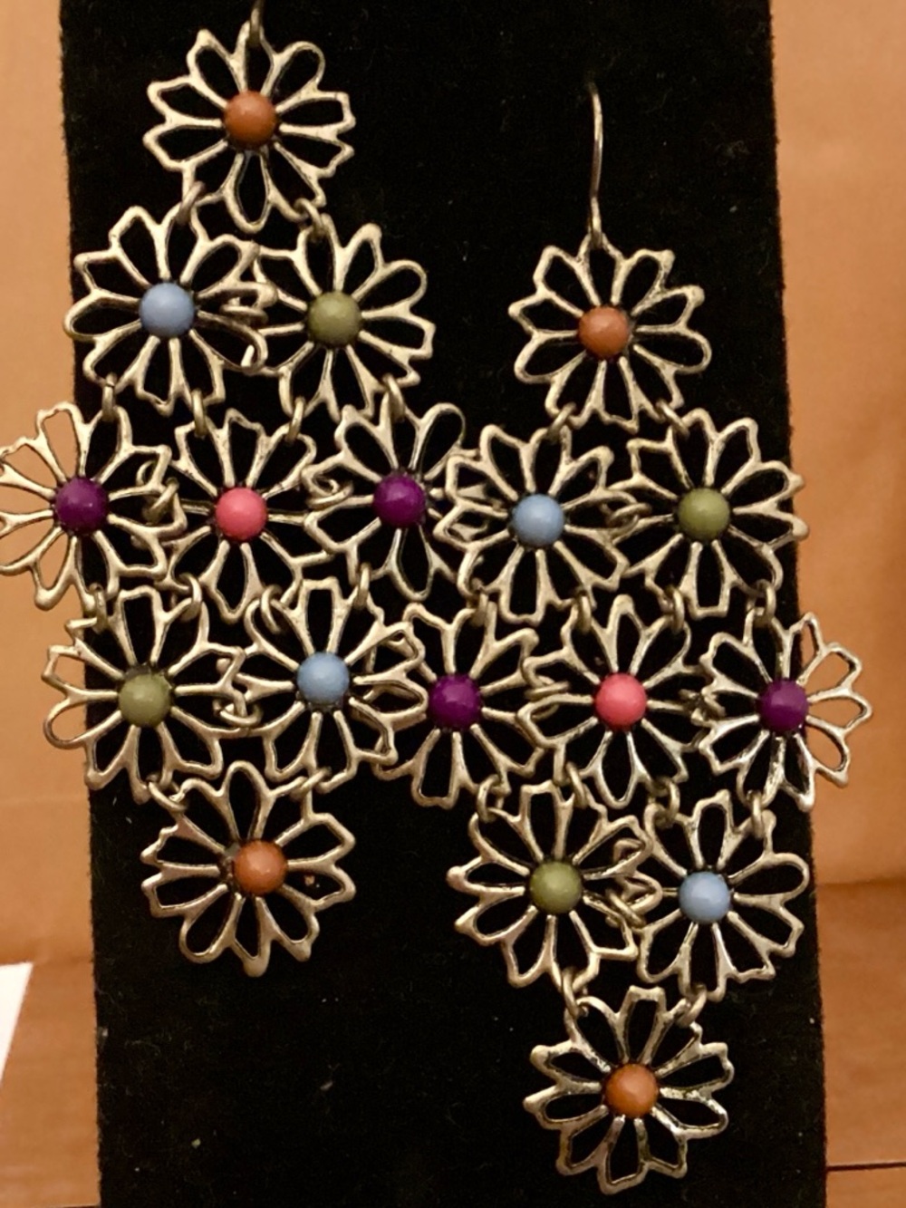 Multicolor Floral Statement Earrings - 3 inch drop, gold tone